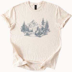 Mountain Waterfall Engraving Graphic Tee Nature Art Illustration